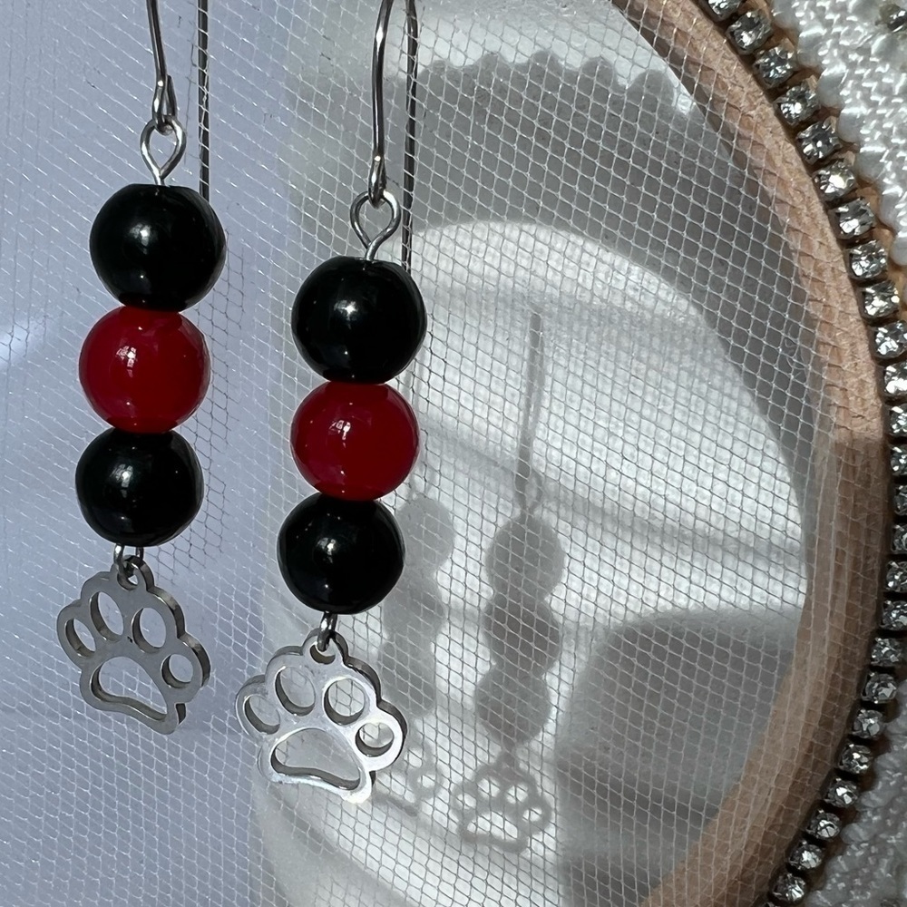 RED & Black Beaded Dangle Earrings with Paw Charms